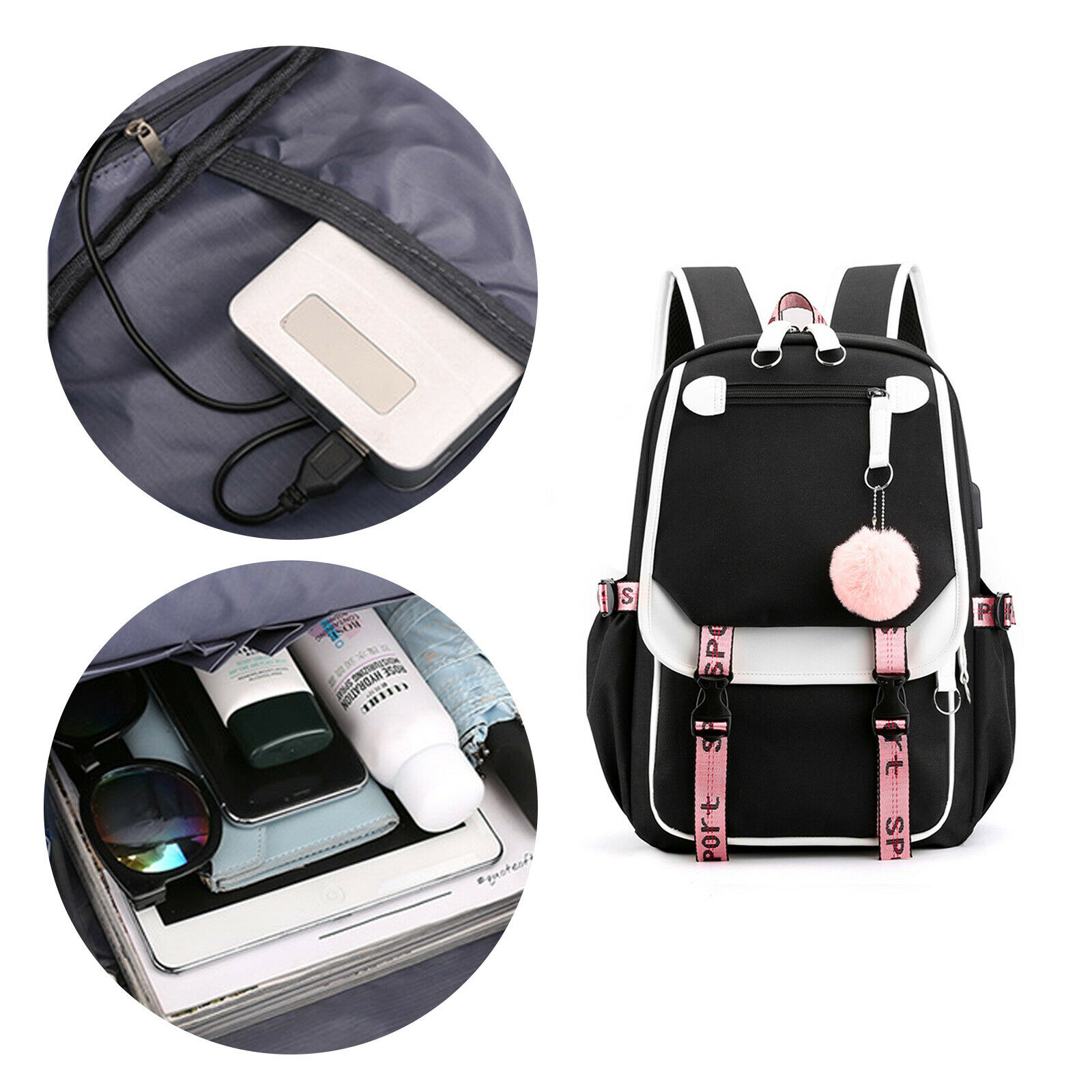 Women School Bag Oxford Waterproof Girls Backpack Rucksack w/ USB Charging Port 24Hr Smart